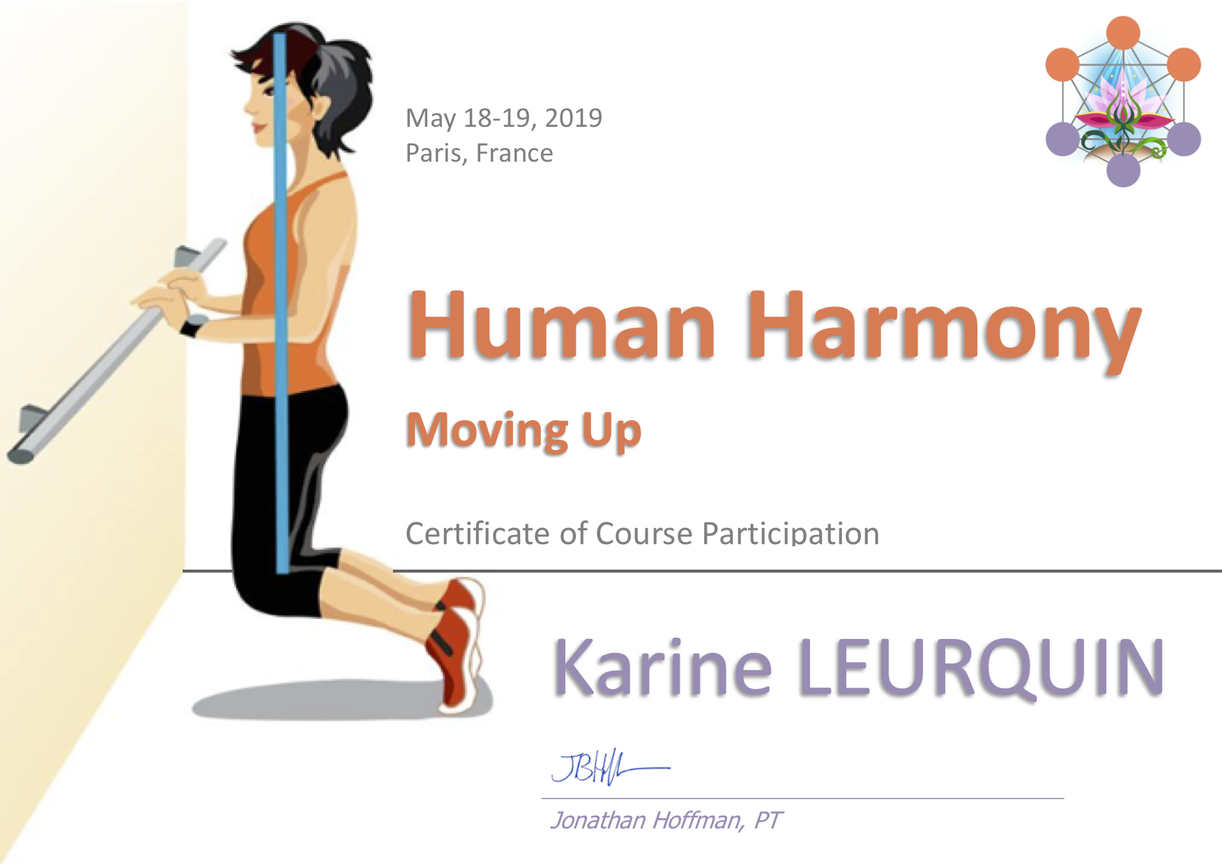 Certificat de participation au cours Human Harmony – Karine Leurquin